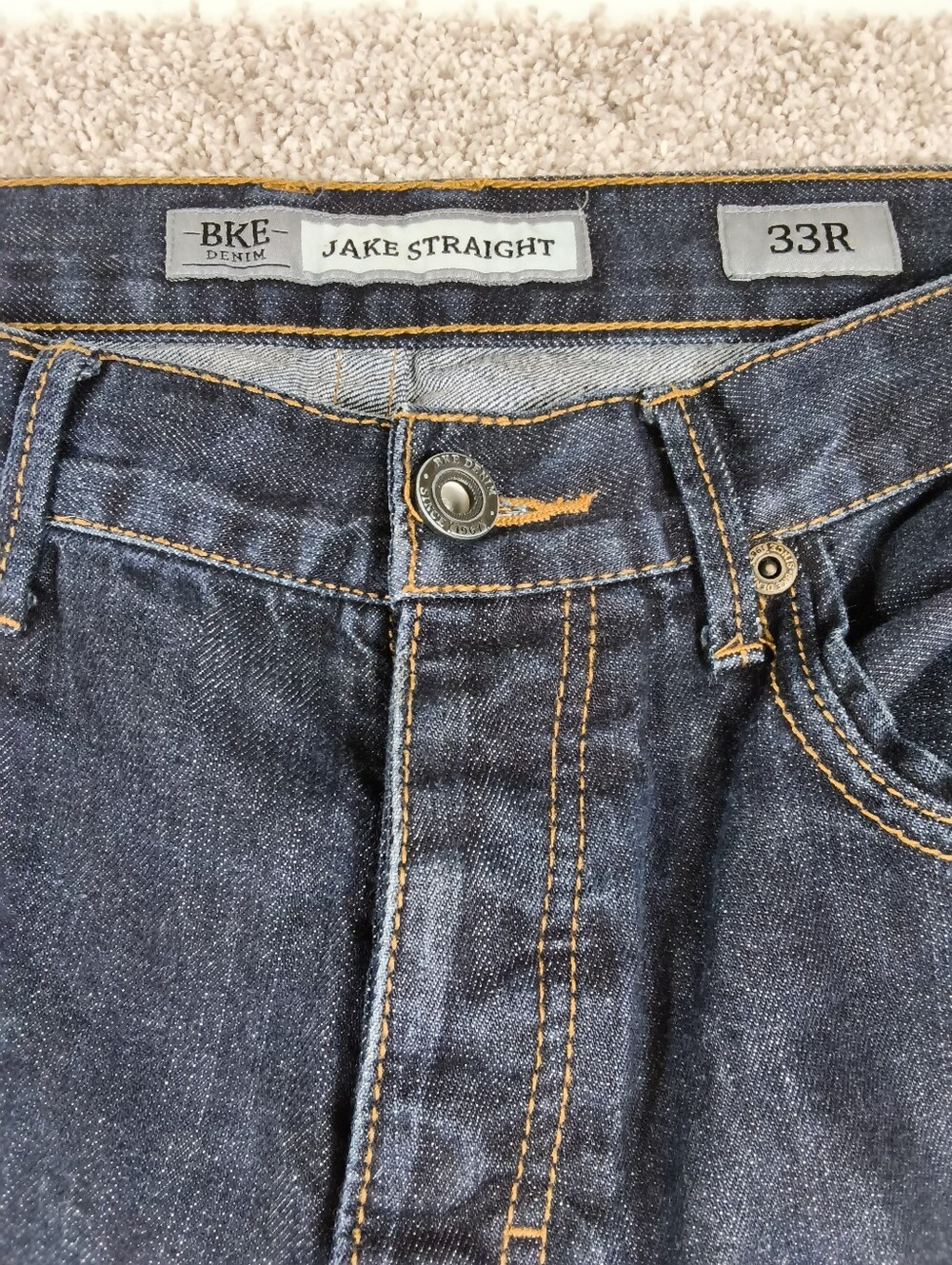 BKE Jake Straight Jeans Mens 33R Dark Blue Wash Denim Button Fly - Picture 3 of 6